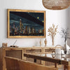A vintage-style travel poster featuring New York City skyline in black and green hues - in a Parisian living room with a sofa and a fig plant