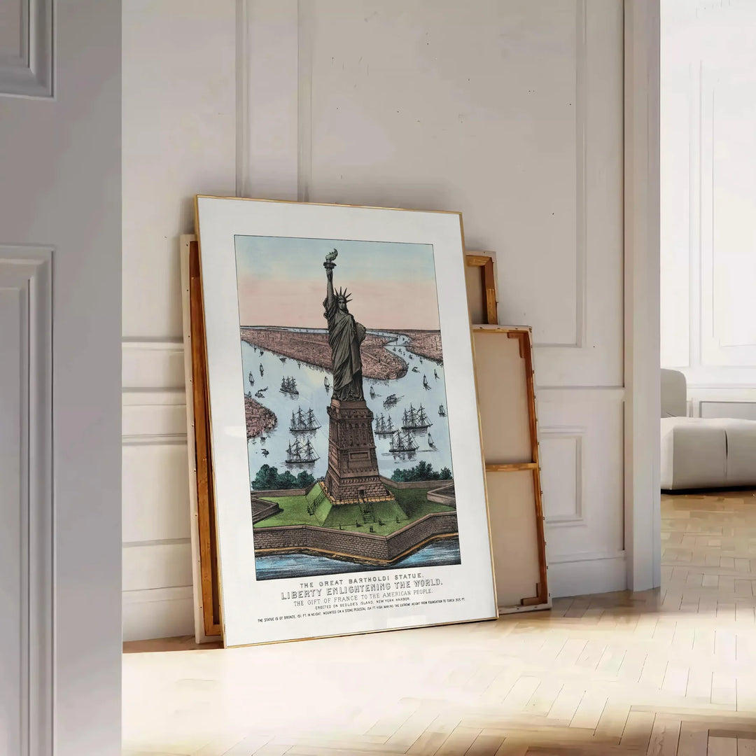 A travel poster featuring New York City with green and blue hues - leaning on a herringbone floor against a white panelled wall