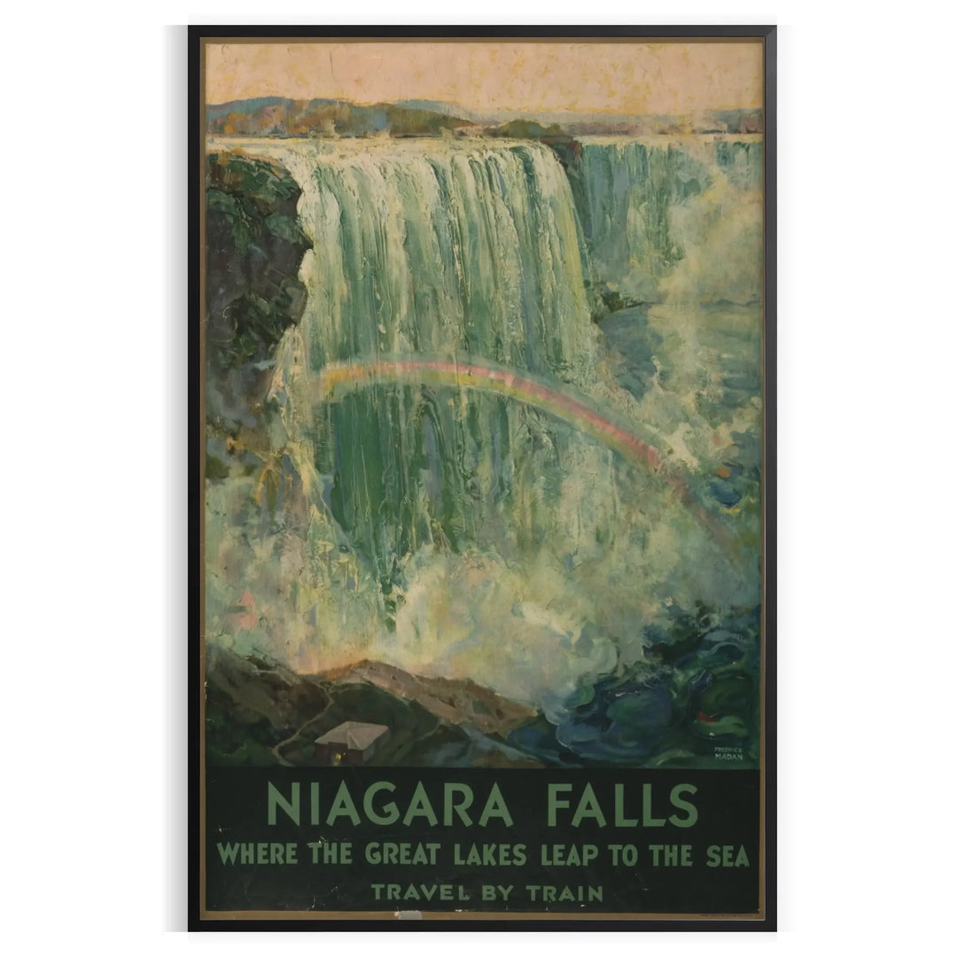 A vintage travel poster featuring Niagara Falls with green and gray tones