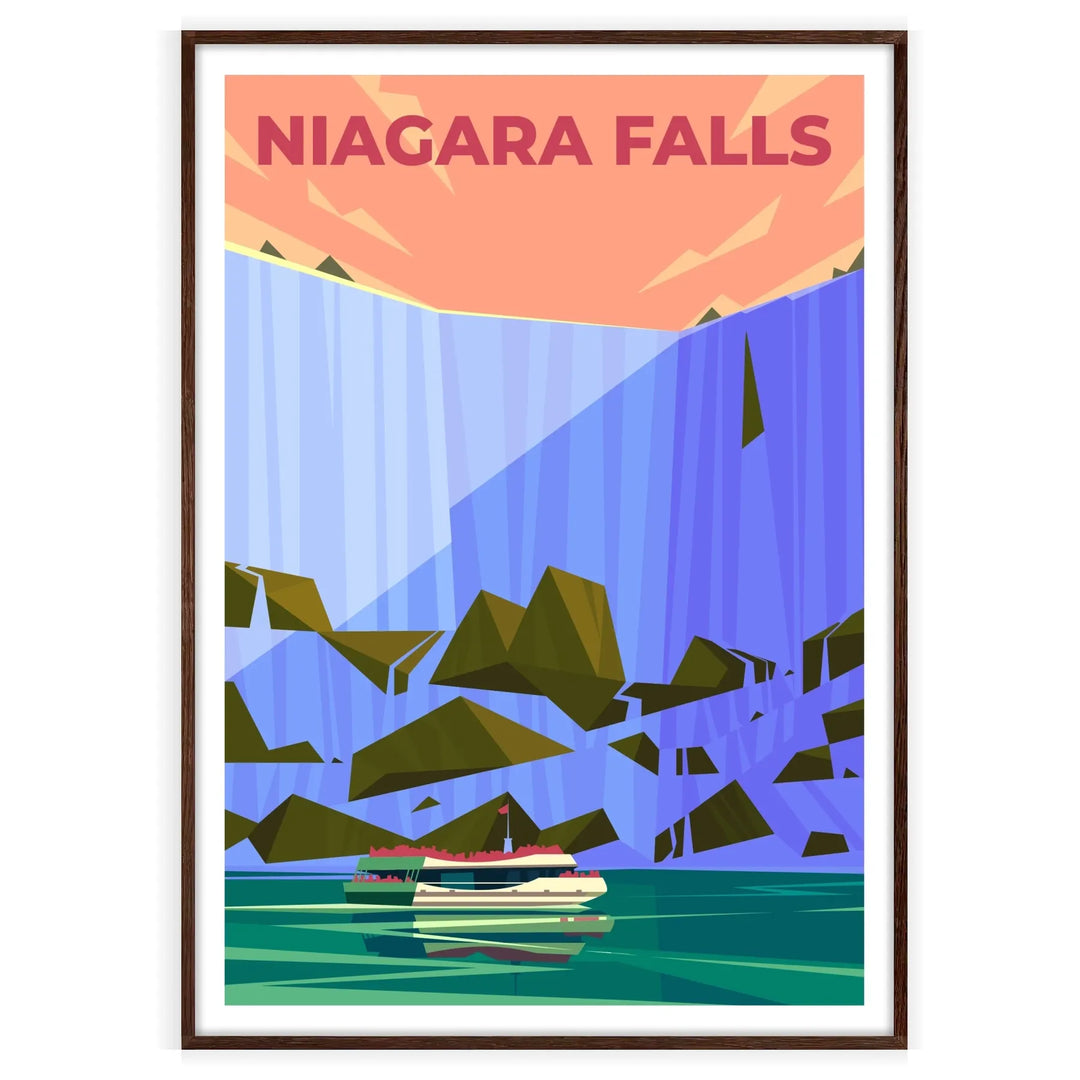 Vista aerea delle Cascate del Niagara con acqua che scorre e vegetazione verde - in una cornice in noce