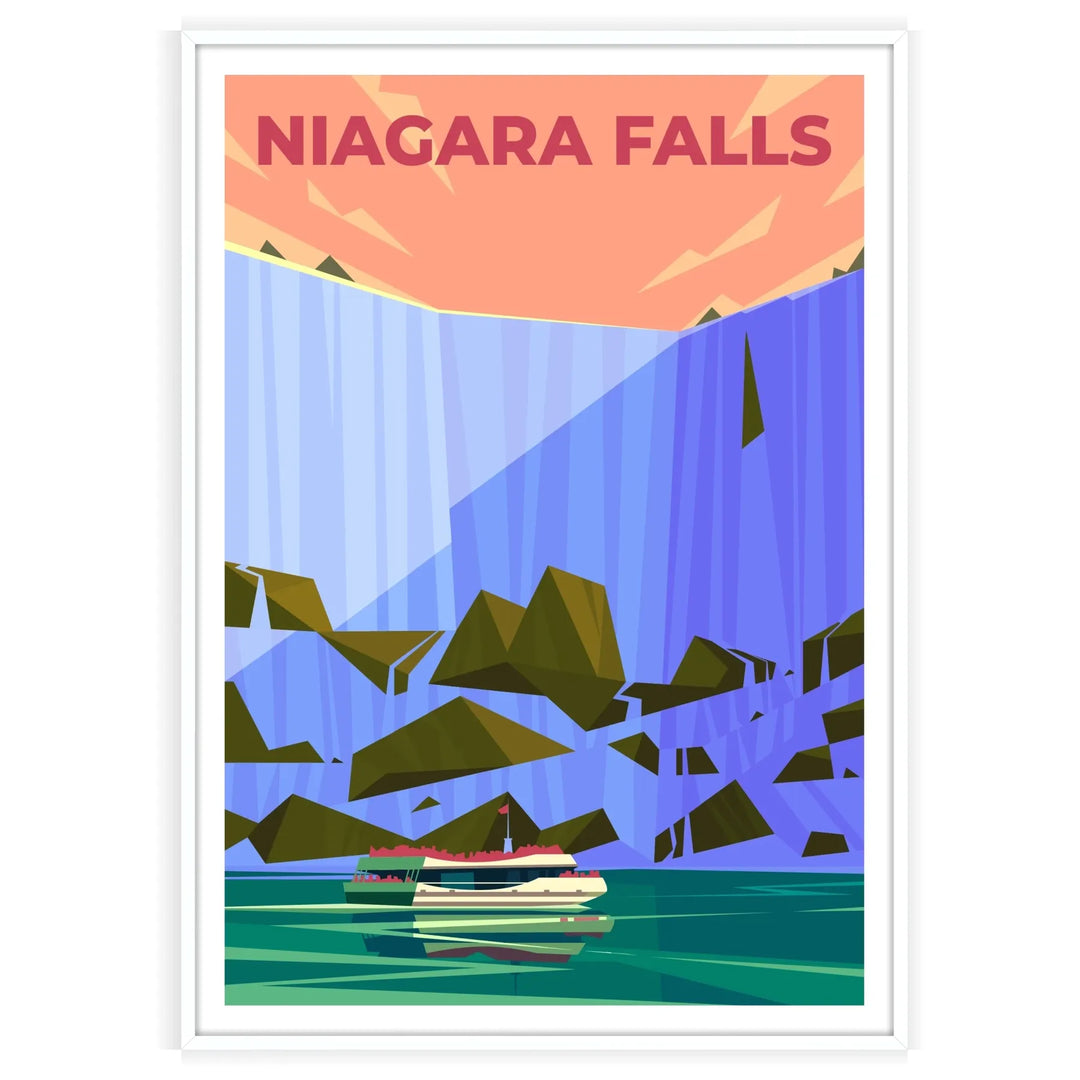 Vista aerea delle Cascate del Niagara con acqua che scorre e vegetazione verde - in una cornice bianca