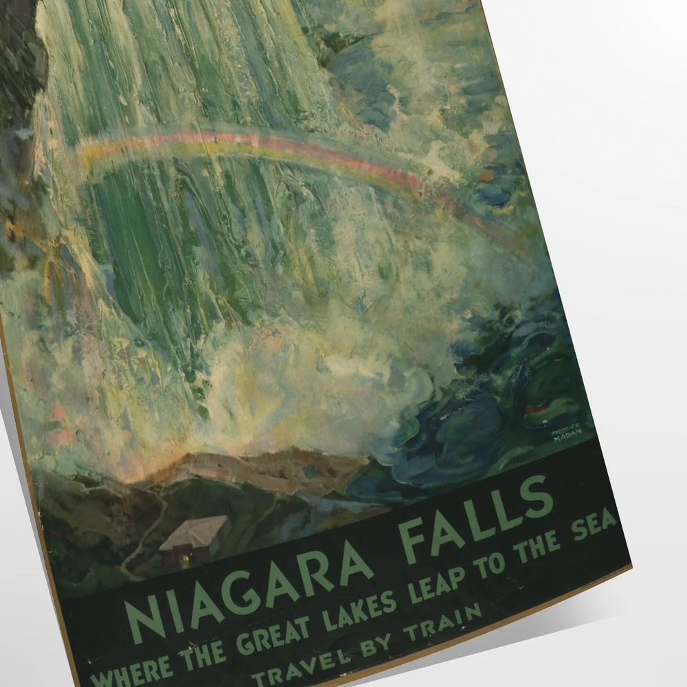 A vintage travel poster featuring Niagara Falls with green and gray tones
