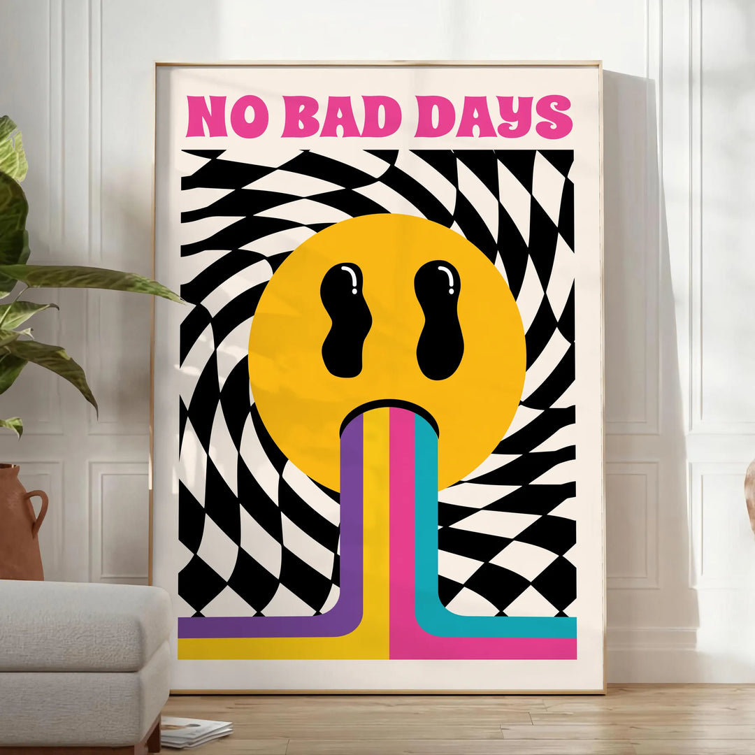 Abstract design featuring the phrase 'No Bad Days' in bold typography with black and orange tones - in a bright minimalist room with a plant and an armchair