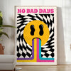 Abstract design featuring the phrase 'No Bad Days' in bold typography with black and orange tones - in a bright minimalist room with a plant and an armchair