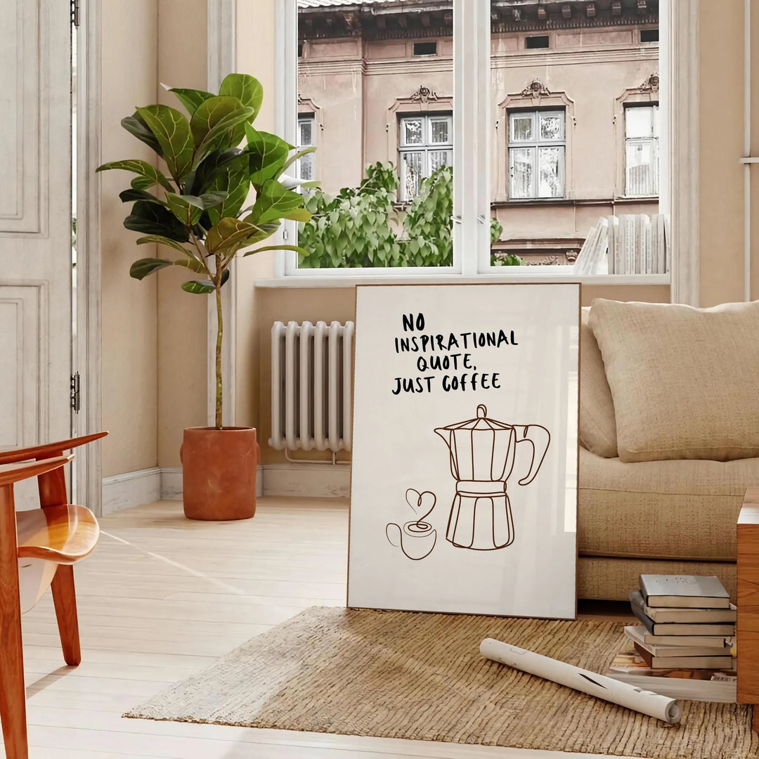 Minimalist black and white poster featuring coffee-related imagery and text - in a Parisian living room with a sofa and a fig plant