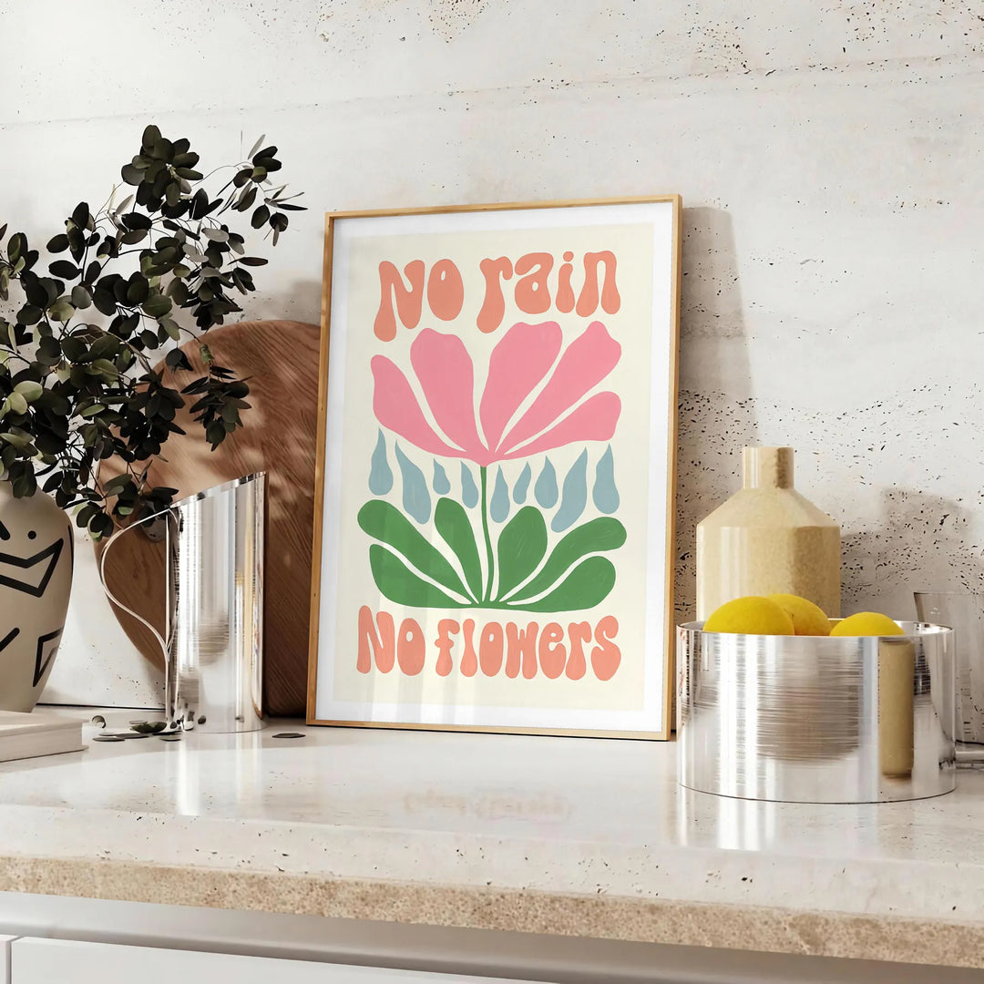 Colorful flowers in a groovy style with brown and green tones - styled on a counter with eucalyptus and a bowl of lemons