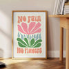 Colorful flowers in a groovy style with brown and green tones - beside a round wooden side table with books
