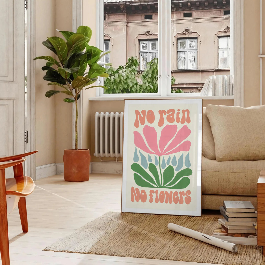 Colorful flowers in a groovy style with brown and green tones - in a Parisian living room with a sofa and a fig plant