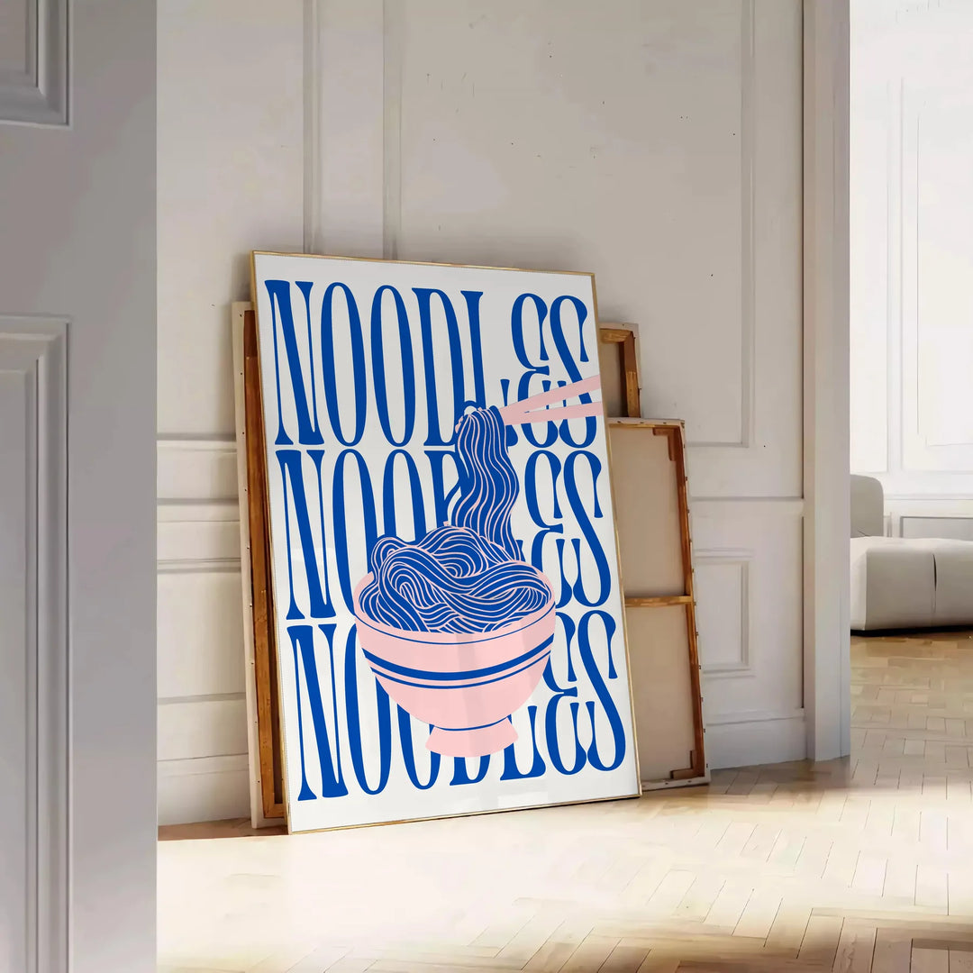 A minimalist poster featuring a bowl of noodles in gray and green tones - leaning on a herringbone floor against a white panelled wall