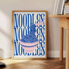 A minimalist poster featuring a bowl of noodles in gray and green tones - beside a round wooden side table with books