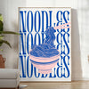 A minimalist poster featuring a bowl of noodles in gray and green tones - in a bright minimalist room with a plant and an armchair