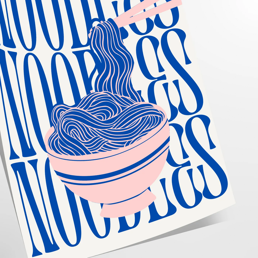 A minimalist poster featuring a bowl of noodles in gray and green tones
