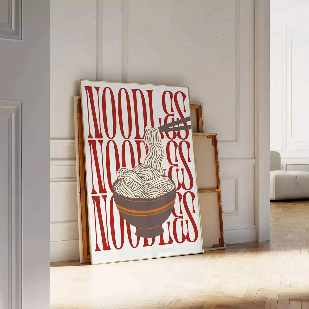 A minimalist kitchen scene featuring a bowl of noodles on a gray background