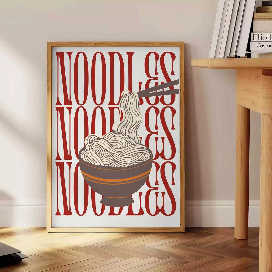 A minimalist kitchen scene featuring a bowl of noodles on a gray background - beside a round wooden side table with books