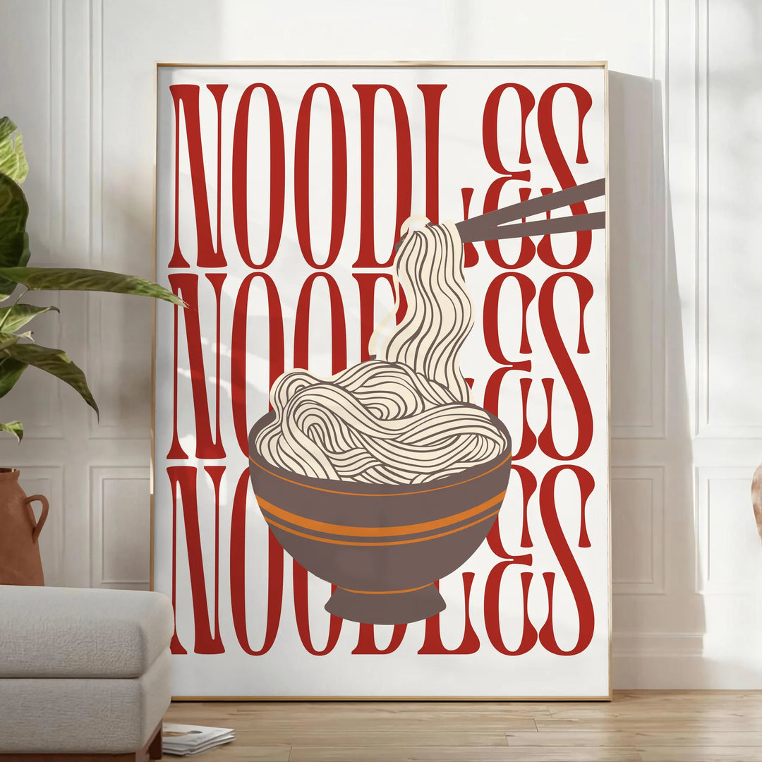 A minimalist kitchen scene featuring a bowl of noodles on a gray background - in a bright minimalist room with a plant and an armchair
