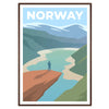 A scenic depiction of Norway's landscapes with earthy brown and gray tones - in a walnut frame