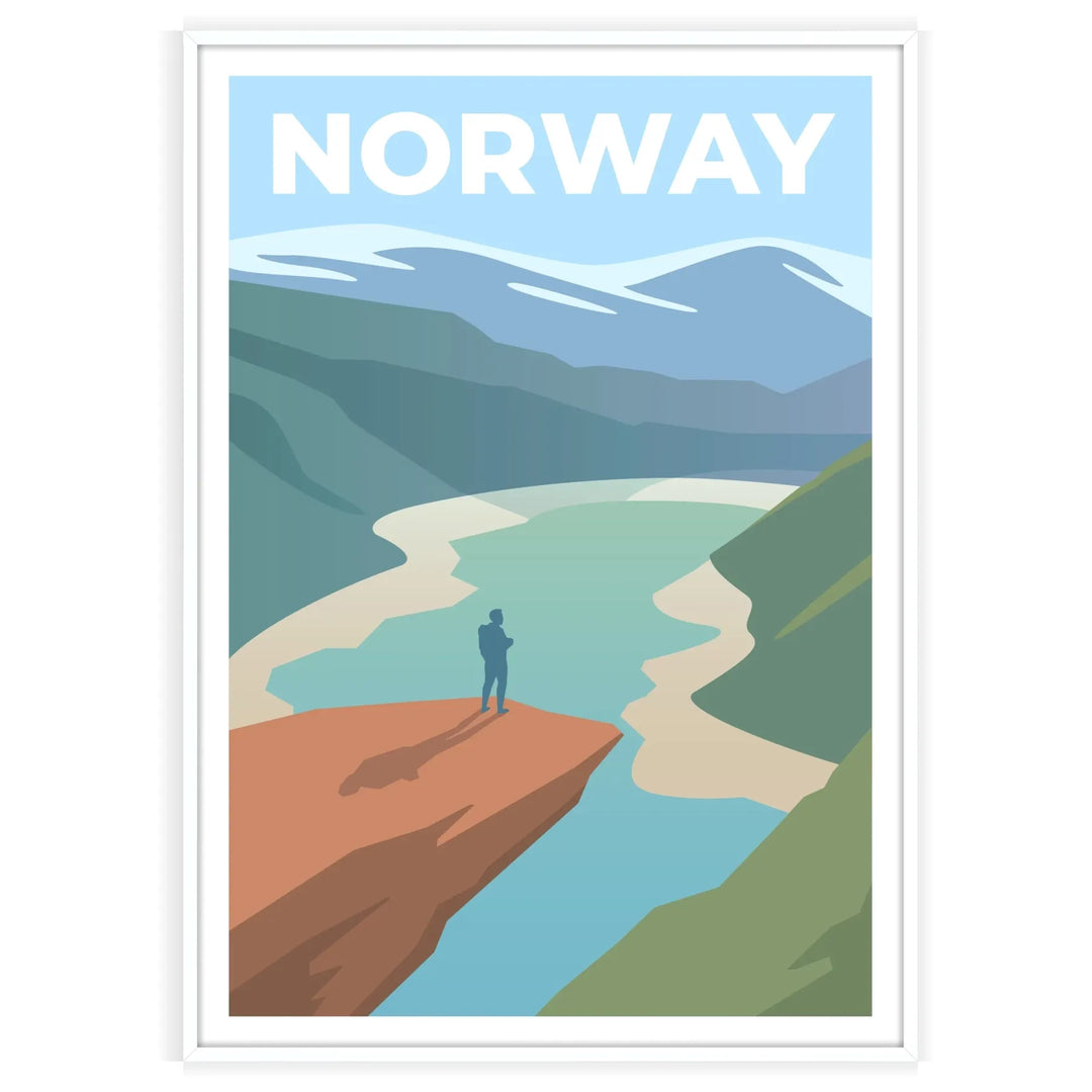 A scenic depiction of Norway's landscapes with earthy brown and gray tones - in a white frame