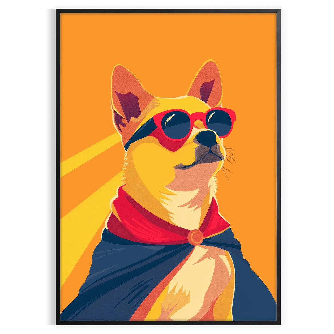 Design lúdico de vida selvagem com cães usando bonés em tons de laranja e vermelho - numa moldura preta