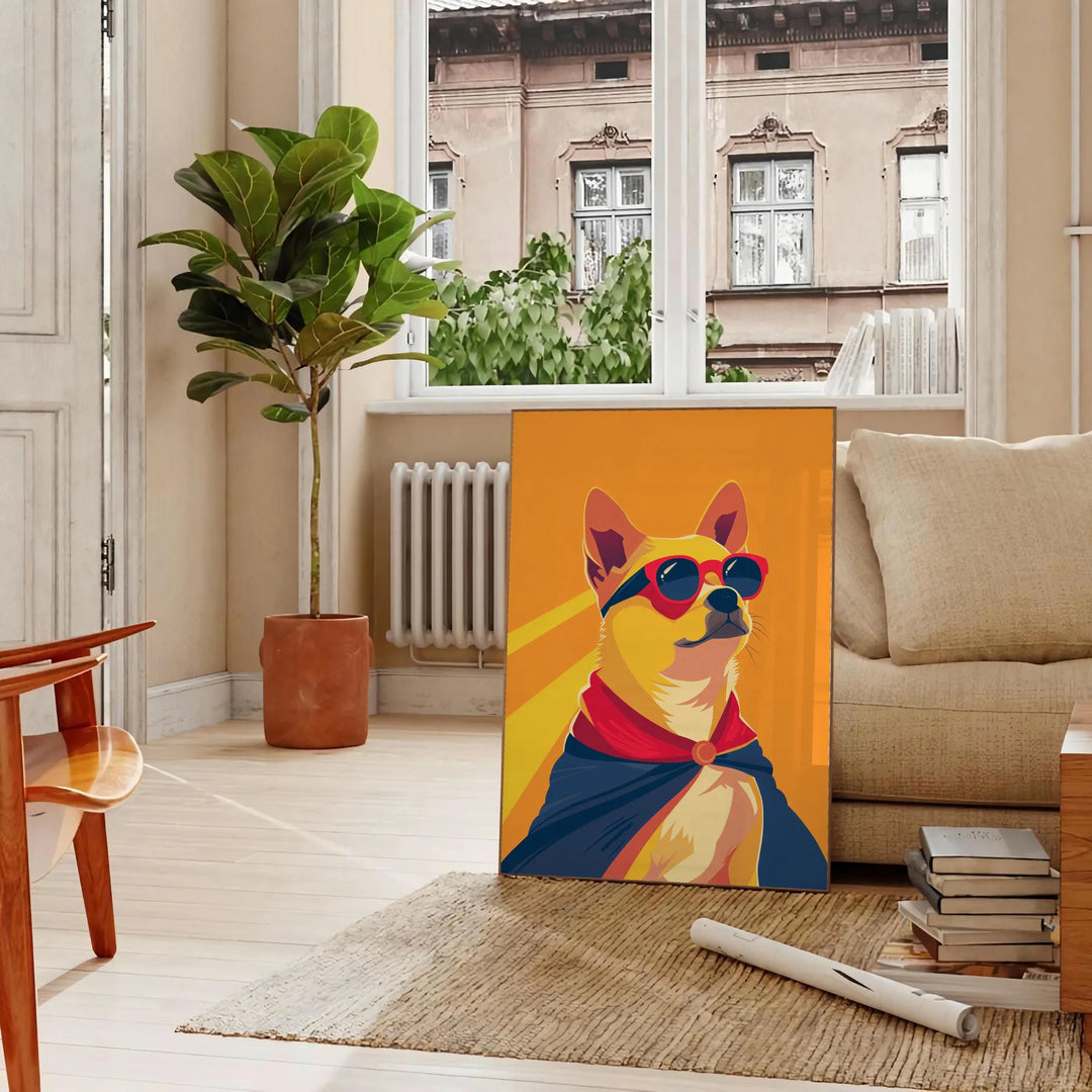 Design lúdico de vida selvagem com cães usando bonés em tons de laranja e vermelho - numa sala parisiense com sofá e um ficus