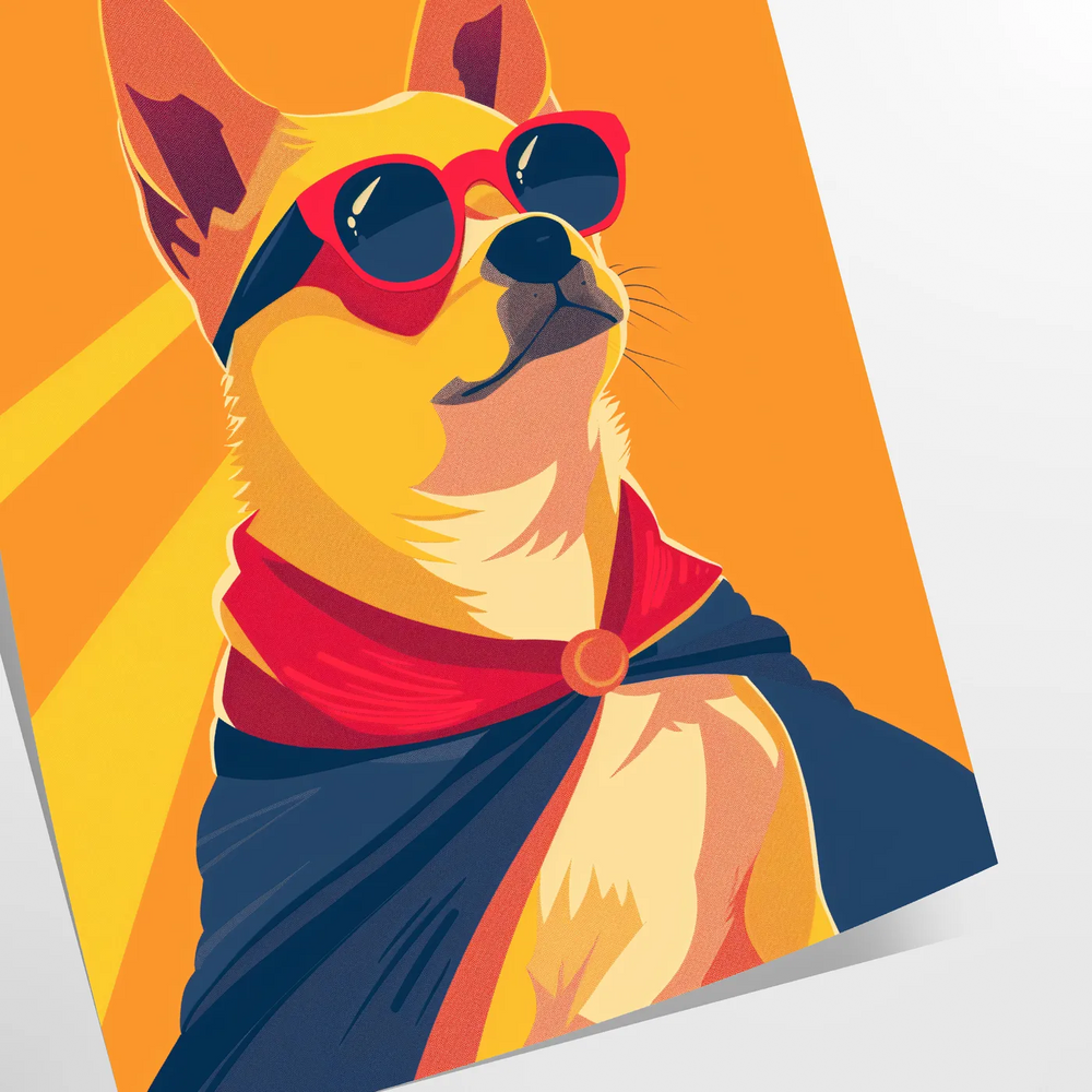 Whimsical wildlife design featuring dogs wearing caps in bold orange and red hues