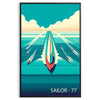 A sailor navigating a boat on the ocean, with orange and blue tones - in a black frame