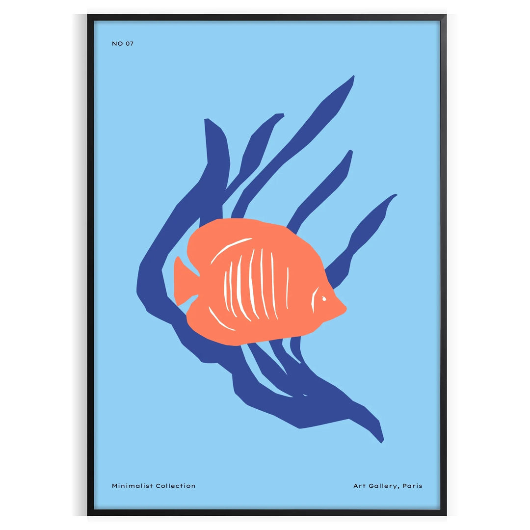 A colorful depiction of ocean wildlife featuring orange and blue hues - in a black frame