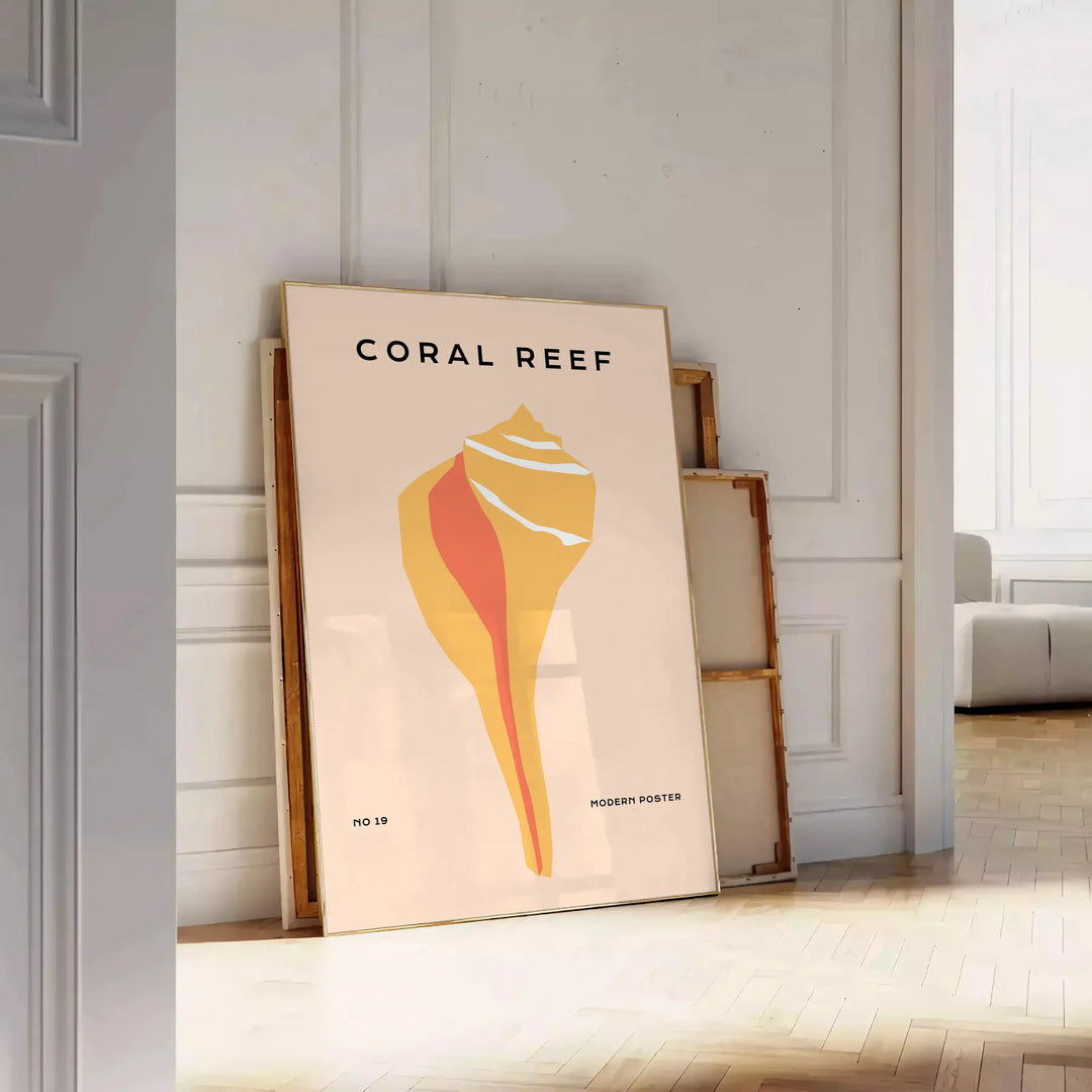 Illustration of ocean animals in black and orange hues - leaning on a herringbone floor against a white panelled wall