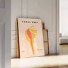 Illustration of ocean animals in black and orange hues - leaning on a herringbone floor against a white panelled wall