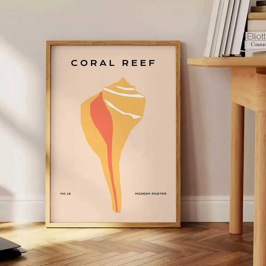 Illustration of ocean animals in black and orange hues - beside a round wooden side table with books