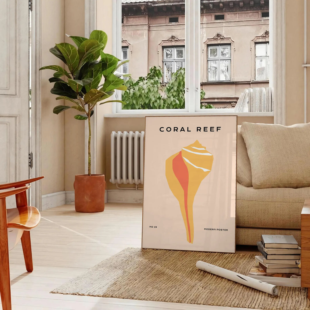 Illustration of ocean animals in black and orange hues - in a Parisian living room with a sofa and a fig plant