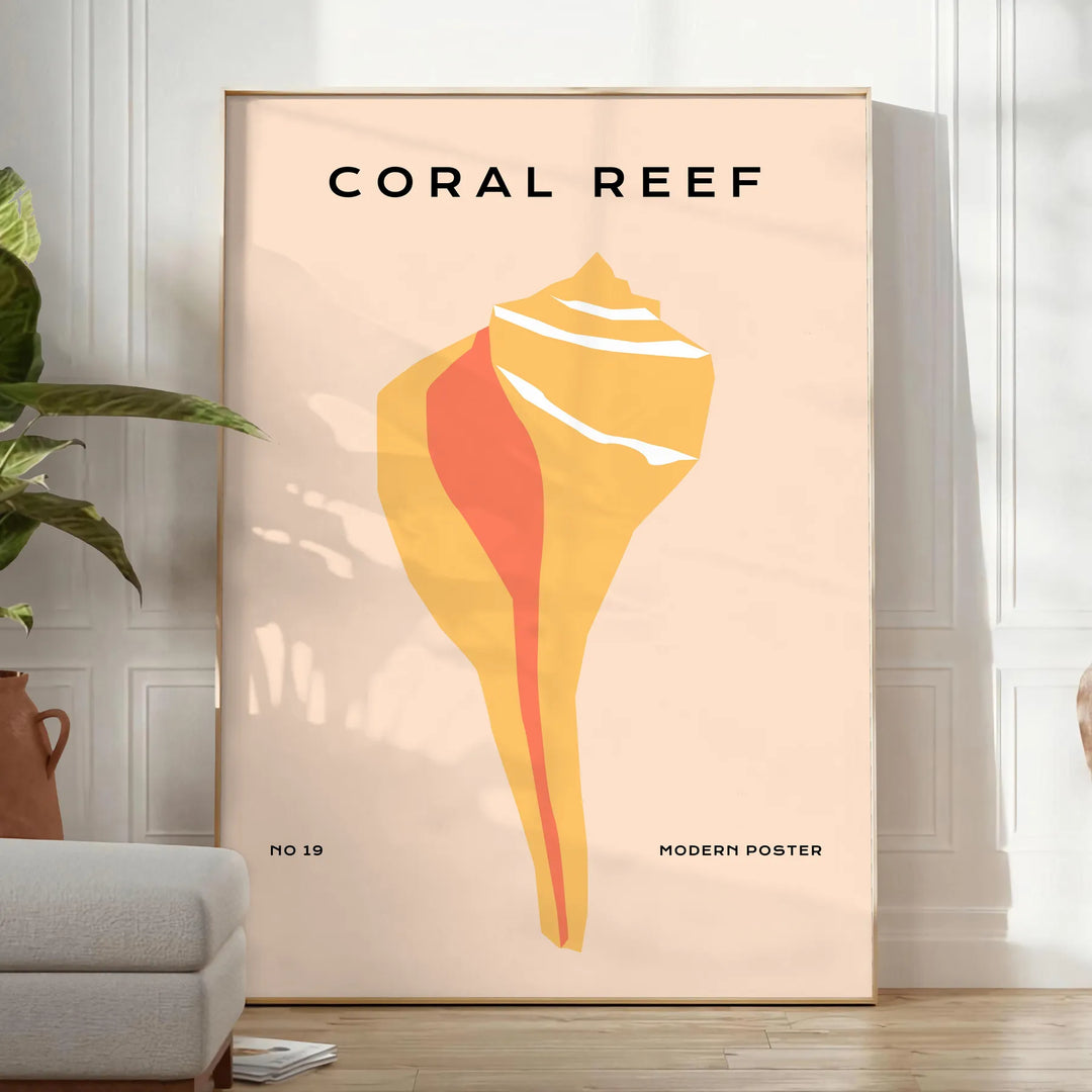 Illustration of ocean animals in black and orange hues - in a bright minimalist room with a plant and an armchair