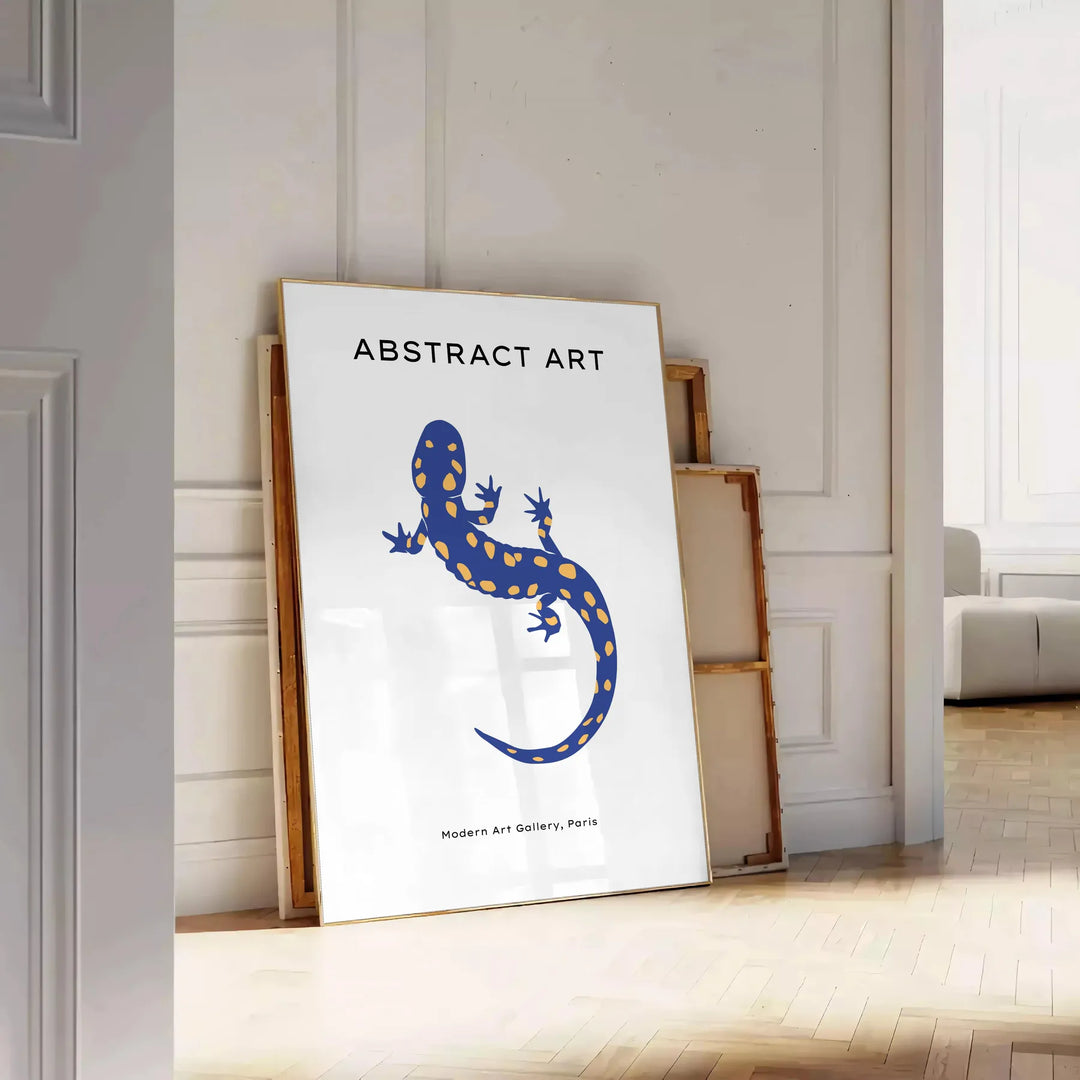 Illustration of various ocean animals in shades of blue and orange - leaning on a herringbone floor against a white panelled wall