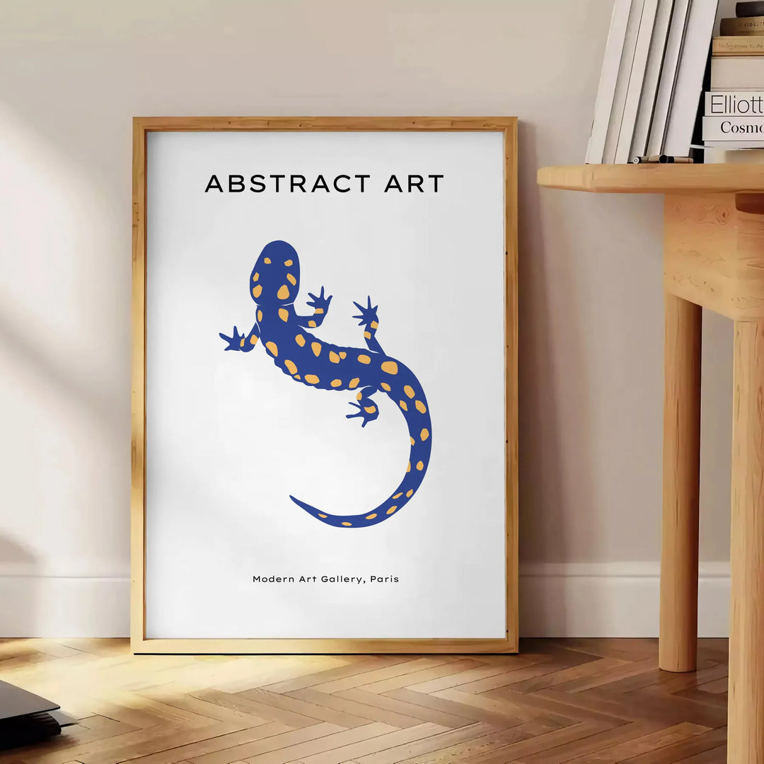 Illustration of various ocean animals in shades of blue and orange - beside a round wooden side table with books