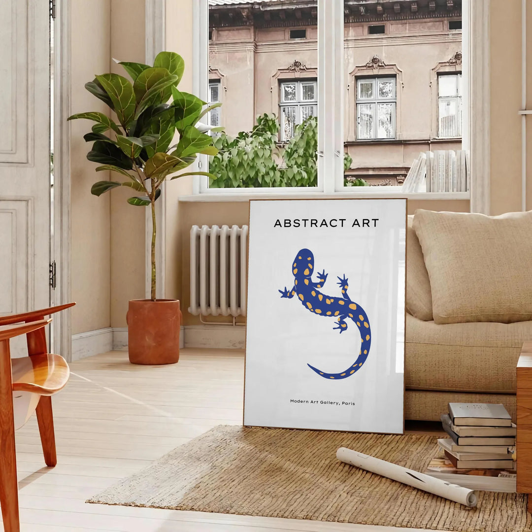 Illustration of various ocean animals in shades of blue and orange - in a Parisian living room with a sofa and a fig plant