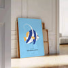 Colorful ocean animals in a whimsical underwater scene - leaning on a herringbone floor against a white panelled wall