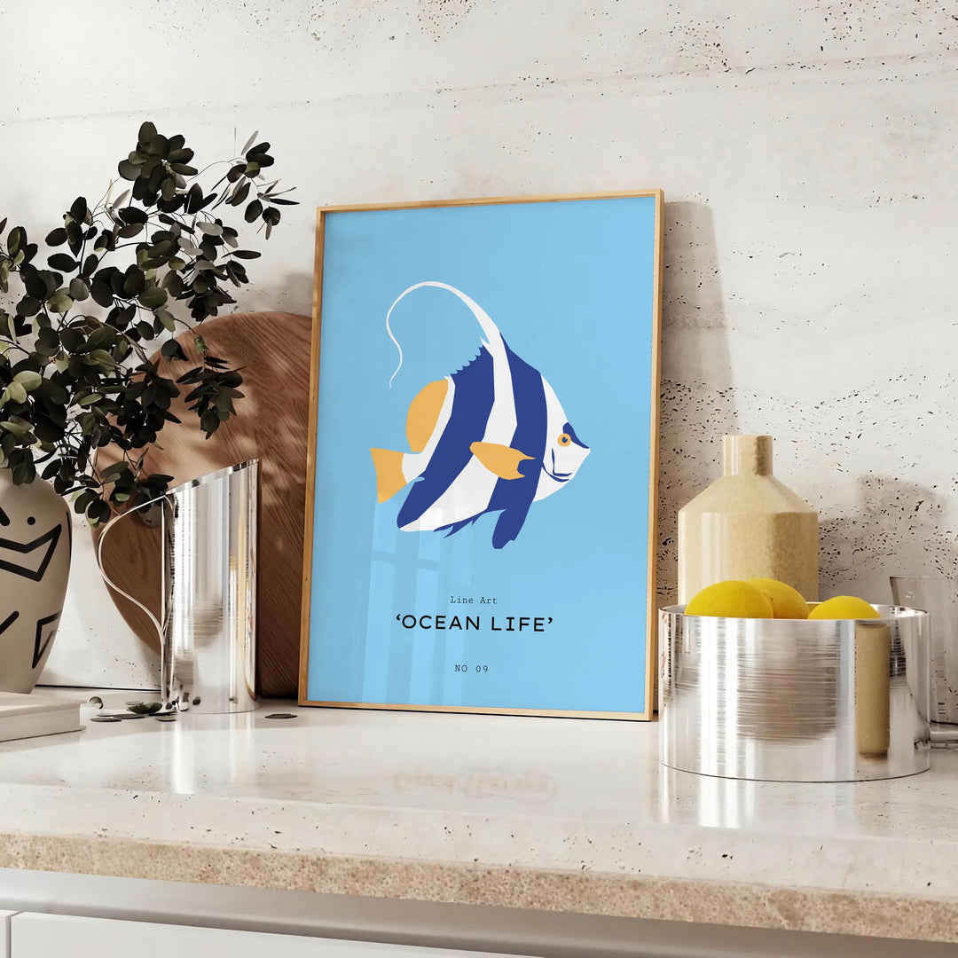 Colorful ocean animals in a whimsical underwater scene - styled on a counter with eucalyptus and a bowl of lemons