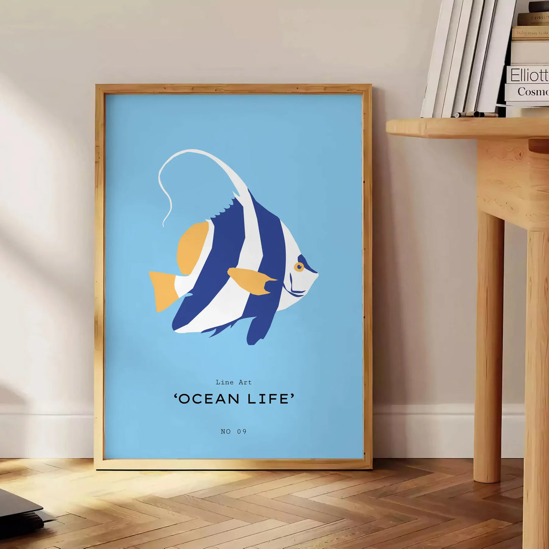 Colorful ocean animals in a whimsical underwater scene - beside a round wooden side table with books