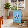 Colorful ocean animals in a whimsical underwater scene - in a Parisian living room with a sofa and a fig plant