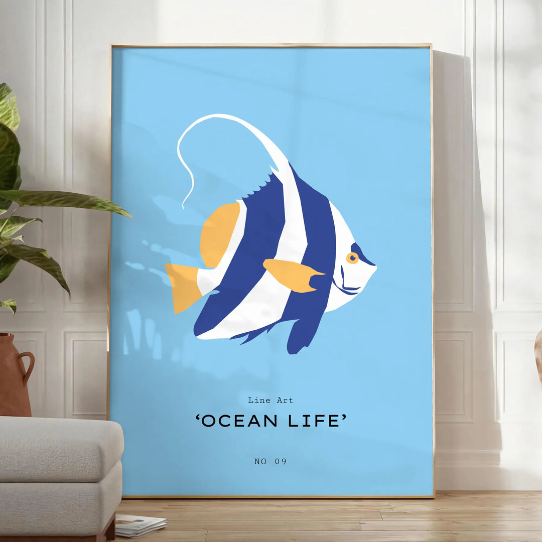 Colorful ocean animals in a whimsical underwater scene - in a bright minimalist room with a plant and an armchair