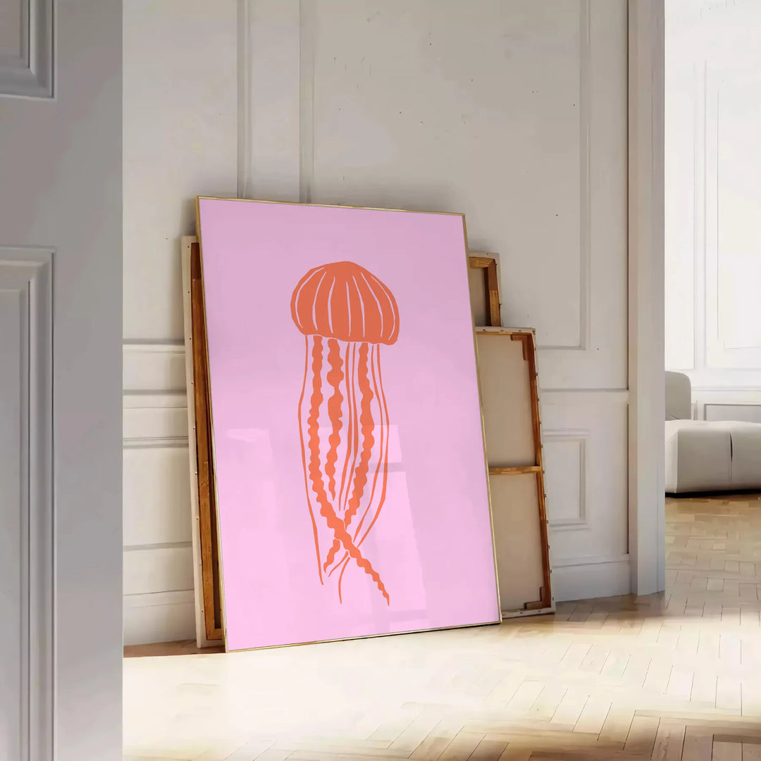 Illustration of various ocean animals in warm tones of brown and orange - leaning on a herringbone floor against a white panelled wall