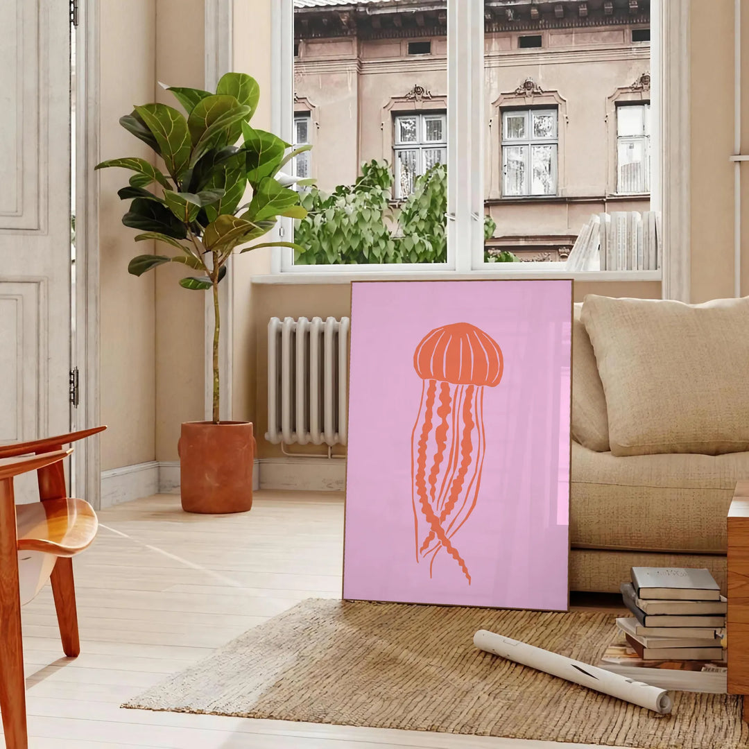 Illustration of various ocean animals in warm tones of brown and orange - in a Parisian living room with a sofa and a fig plant