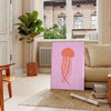 Illustration of various ocean animals in warm tones of brown and orange - in a Parisian living room with a sofa and a fig plant