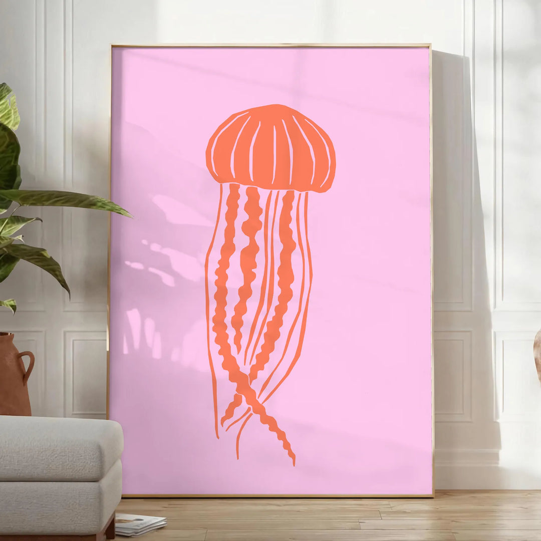 Illustration of various ocean animals in warm tones of brown and orange - in a bright minimalist room with a plant and an armchair