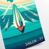 A sailor navigating a boat on the ocean, with orange and blue tones - as a rolled, unframed print