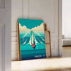 A sailor navigating a boat on the ocean, with orange and blue tones - leaning on a herringbone floor against a white panelled wall
