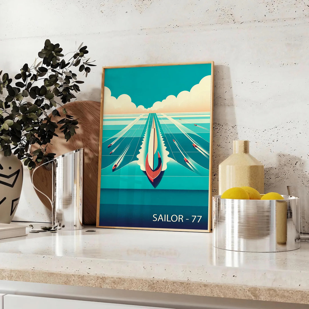 A sailor navigating a boat on the ocean, with orange and blue tones - styled on a counter with eucalyptus and a bowl of lemons