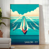 A sailor navigating a boat on the ocean, with orange and blue tones - in a bright minimalist room with a plant and an armchair