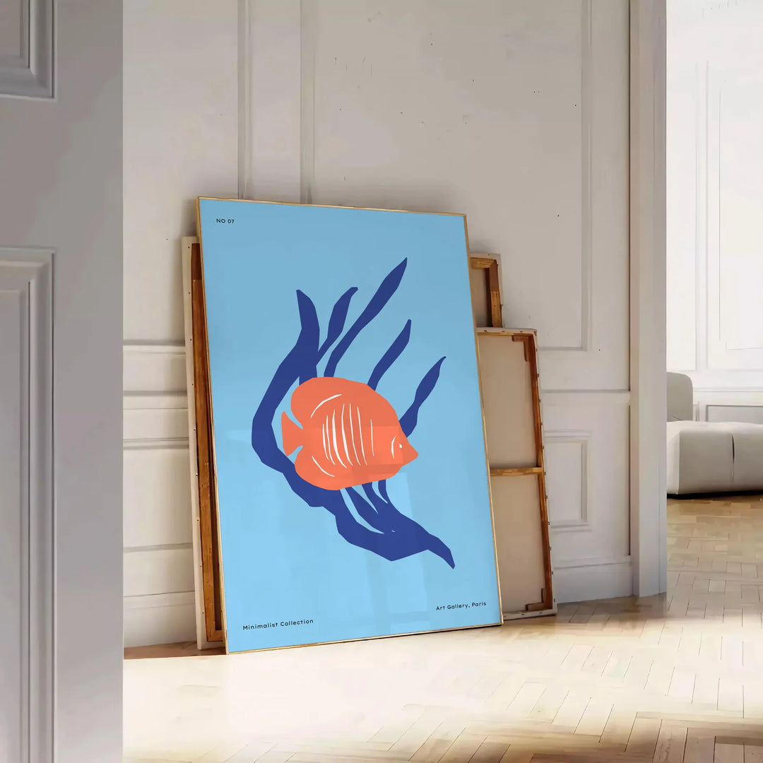 A colorful depiction of ocean wildlife featuring orange and blue hues - leaning on a herringbone floor against a white panelled wall