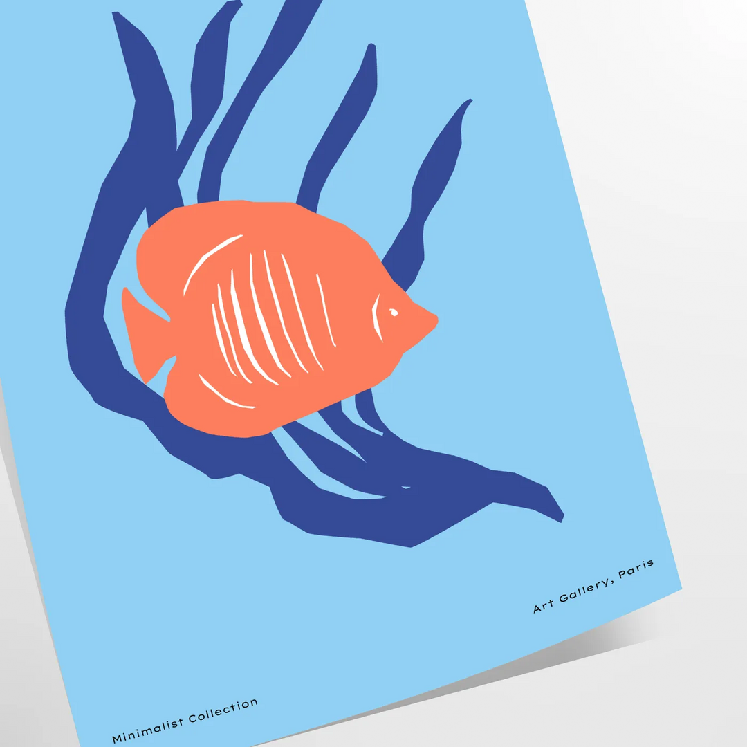 A colorful depiction of ocean wildlife featuring orange and blue hues - as a rolled, unframed print