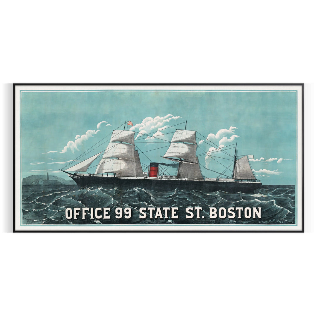 Travel poster of Office 99 State St in Boston, featuring green and gray tones